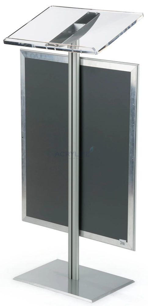 Bục phát biểu mica Acrylife bạc với khung poster và đế nhôm ảnh 2