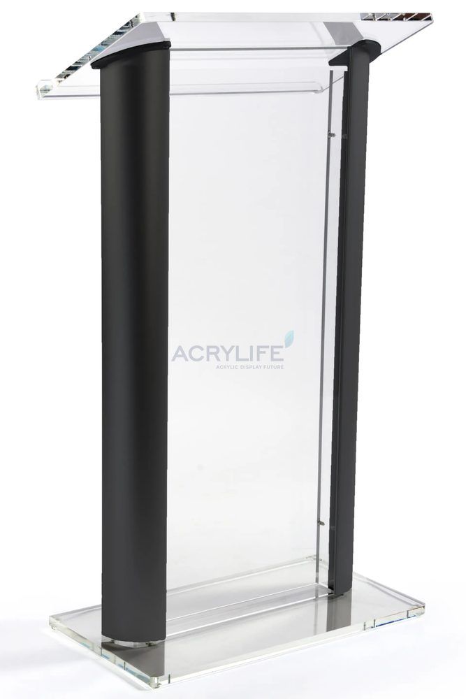 Bục phát biểu mica Acrylife đen – khung nhôm hai bên, mặt đọc rộng