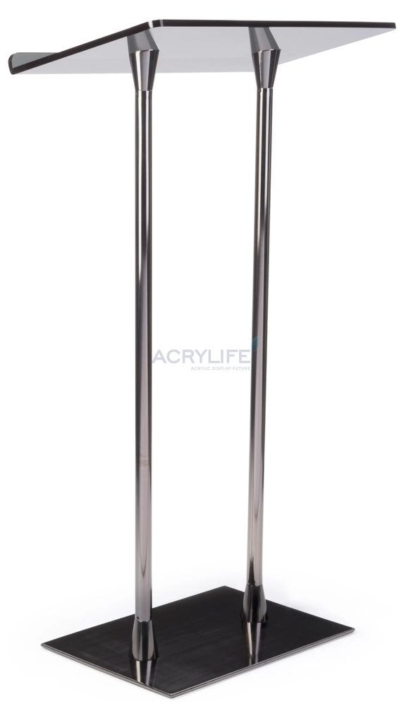 Bục phát biểu mica Acrylife trụ thép, mặt đọc màu xám khói